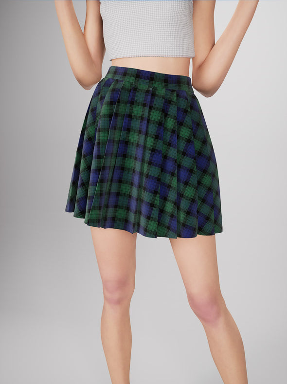 Preppy Pleated Mini Skirt in Green Check